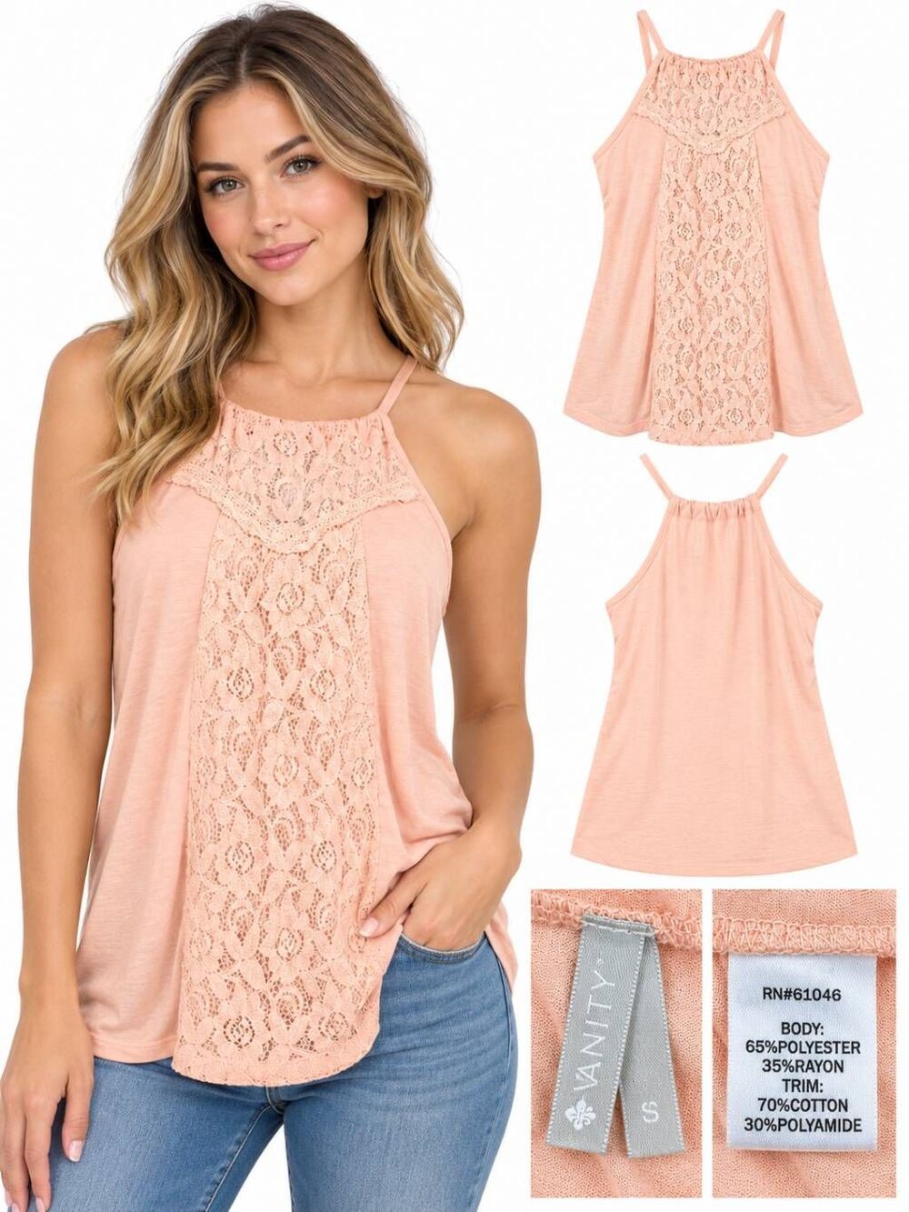 Vanity Lace Front Halter Tank Top Blush Pink S